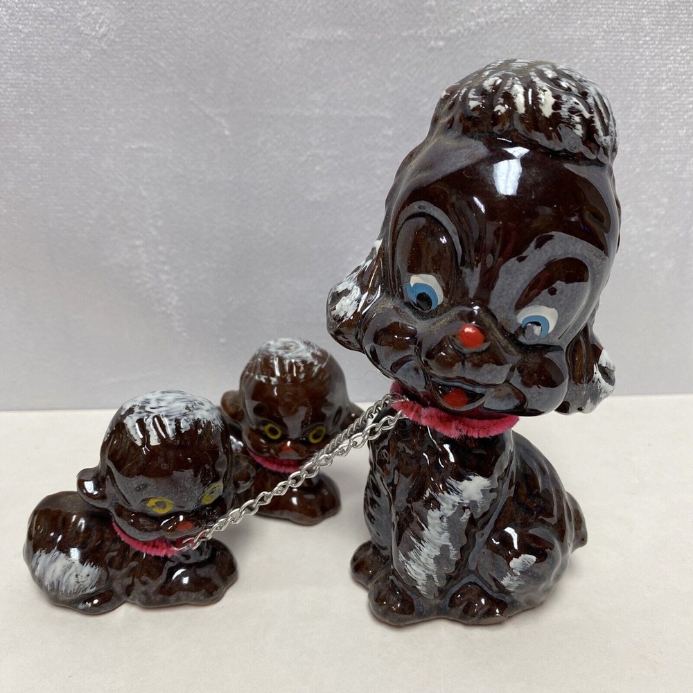 Vintage Retro Brown‎ poodles chained with two puppies 60’s 70’s